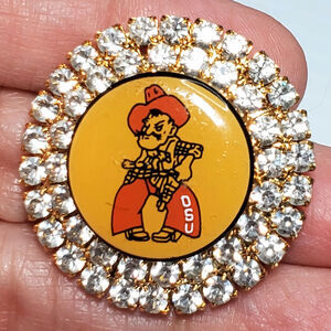 Vtg Oklahoma State Cowboys Pistol Pete OSU Mascot Brooch Clear Rhinestone 1"